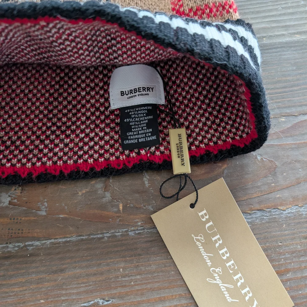 Burberry Tan and Red Nova Check Knit Beanie with Black & White Stripe Cuff - Picture 3 of 3